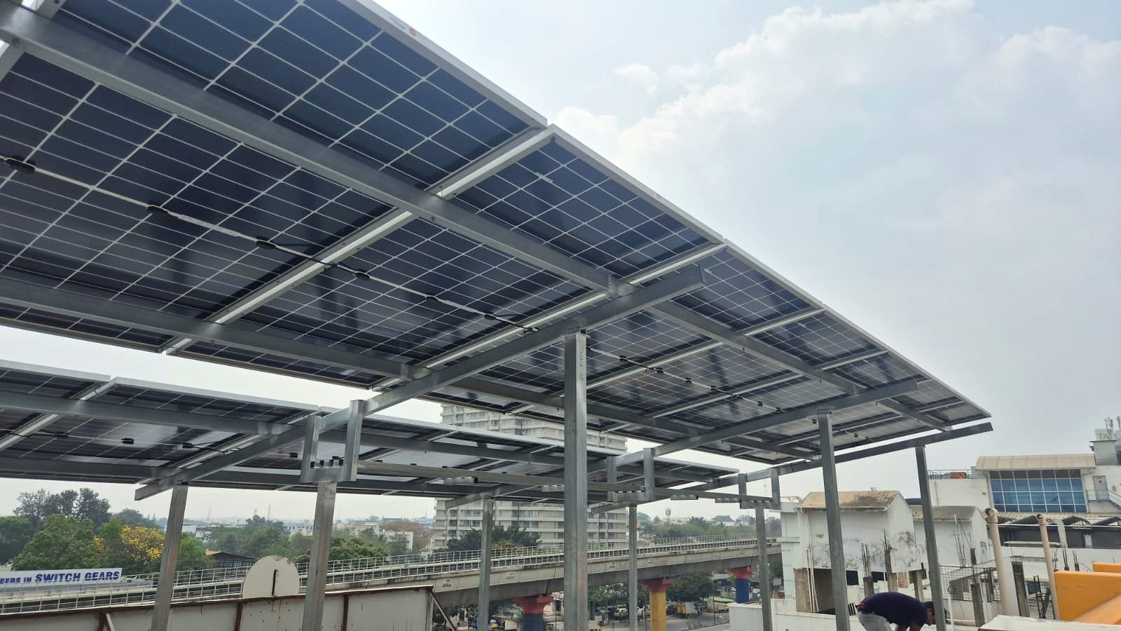 Elevated solar canopy structure built by SB Electricals in Bangalore