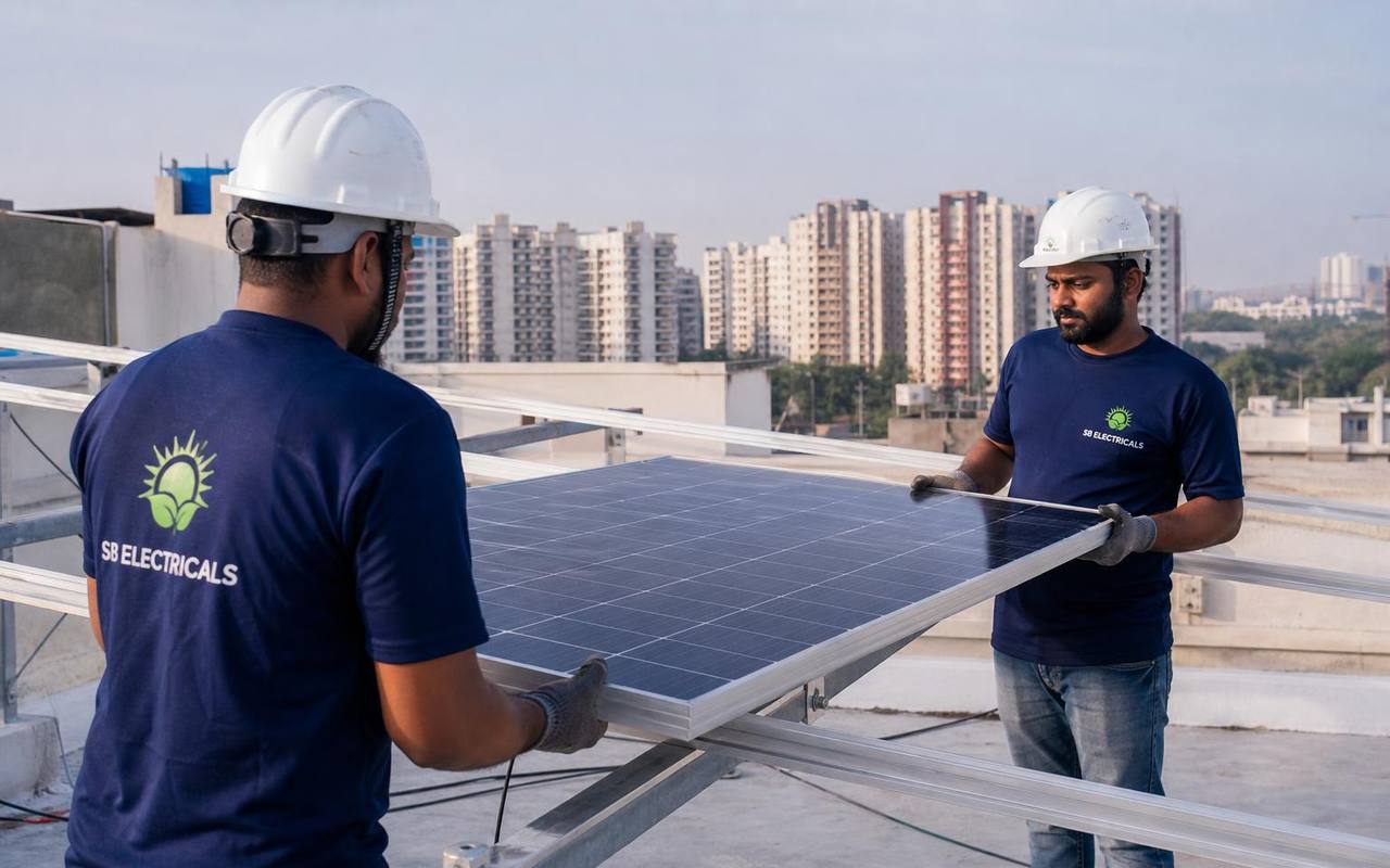 SB Electricals technicians in branded t-shirts lifting a solar panel onto rooftop rails in Bengaluru