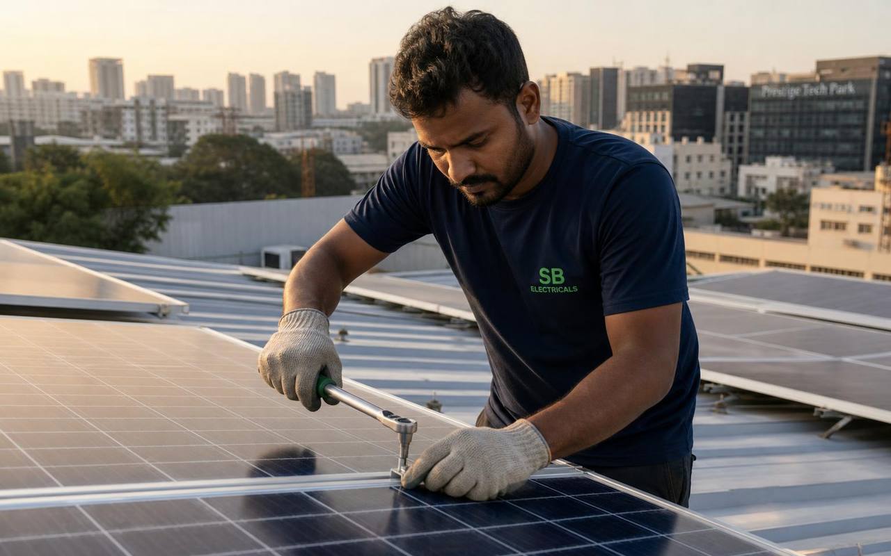 SB Electricals installer torque-tightening panel clamps on a metal shed roof in Bengaluru
