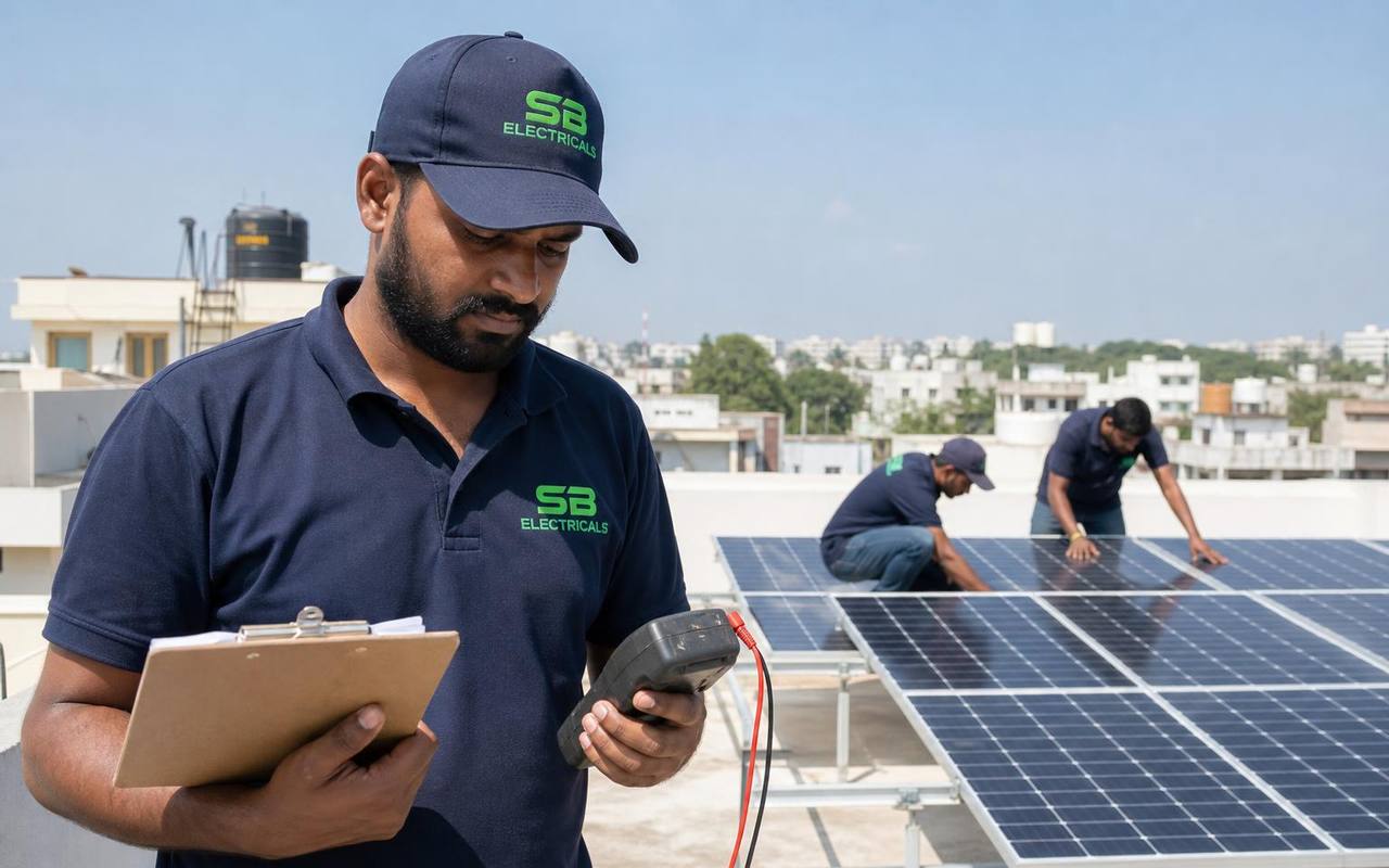 SB Electricals site engineer testing solar strings with a multimeter while the crew installs panels